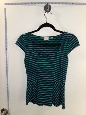 Anthropologie Postmark Green & Navy Geometric Knit Peplum Top Size XS
